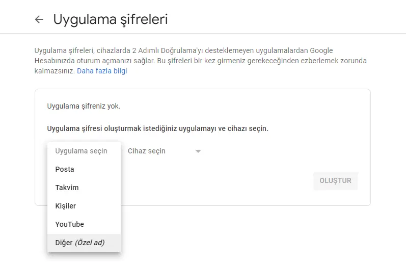 Gmail uygulama şifresi oluşturma — adım 1: uygulama seçimi