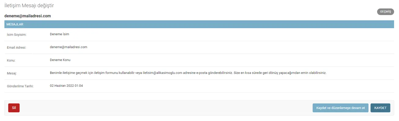 Django admin panelinde iletişim formu mesajları listesi